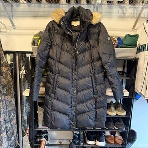Michael Kors Black Puffer Coat with Faux Fur Trim